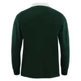 The Mudoo Classic Long Sleeve Solid Rugby Jersey features a dark green color, white collar, and is shown from the back on a white background.