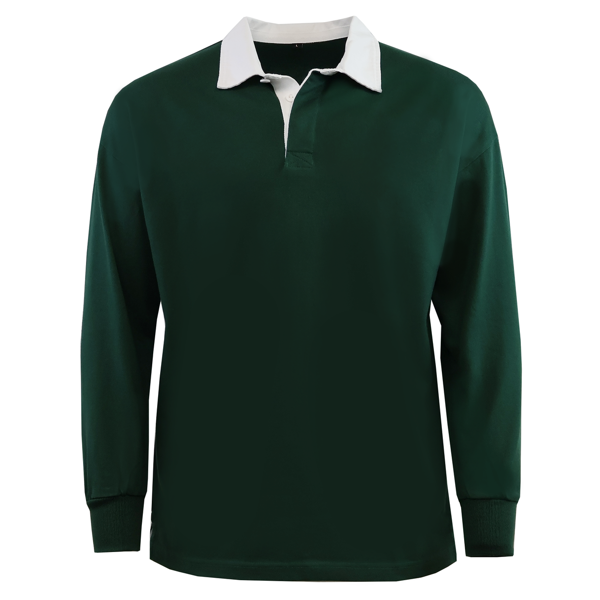 The Mudoo Classic Long Sleeve Solid Rugby Jersey features a dark green body, white collar, ribbed cuffs, and a logo-free design for a clean, timeless rugby shirt look.
