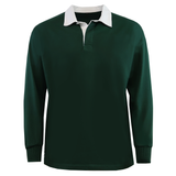 The Mudoo Classic Long Sleeve Solid Rugby Jersey features a dark green body, white collar, ribbed cuffs, and a logo-free design for a clean, timeless rugby shirt look.