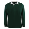 The Mudoo Classic Long Sleeve Solid Rugby Jersey features a dark green body, white collar, ribbed cuffs, and a logo-free design for a clean, timeless rugby shirt look.
