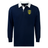 A medium-weight navy blue Gotham Knights Classic Long Sleeve Solid Rugby Jersey by EMB Mudoo, featuring a white collar and a yellow and green crest on the left chest, made from a cotton/poly blend.