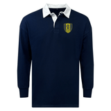 A medium-weight navy blue Gotham Knights Classic Long Sleeve Solid Rugby Jersey by EMB Mudoo, featuring a white collar and a yellow and green crest on the left chest, made from a cotton/poly blend.