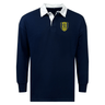 A medium-weight navy blue Gotham Knights Classic Long Sleeve Solid Rugby Jersey by EMB Mudoo, featuring a white collar and a yellow and green crest on the left chest, made from a cotton/poly blend.