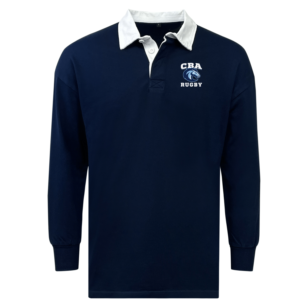 The Christian Brothers Academy Rugby Classic by EMB Mudoo is a navy long-sleeve jersey with a white collar and "CBA RUGBY" logo on the chest, offering a relaxed fit. It's crafted from a comfortable cotton/poly blend.