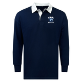 The Christian Brothers Academy Rugby Classic by EMB Mudoo is a navy long-sleeve jersey with a white collar and "CBA RUGBY" logo on the chest, offering a relaxed fit. It's crafted from a comfortable cotton/poly blend.