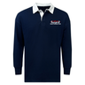 The EMB Mudoo USA Para Powerlifting Classic Long Sleeve Solid Rugby Jersey features a navy blue design, white collar, and "USA Para Powerlifting" logo on the left chest in red and white, made from soft cotton for a classic look.