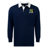 EMB Mudoo Takoma Touch Rugby Classic Long Sleeve Solid Rugby Jersey in navy blue with a white collar and a rooster crest on the chest.