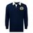 The EMB Mudoo Old Man Rivah Rugby Classic Long Sleeve Solid Rugby Jersey in navy blue features a white collar, long sleeves, and a lion-and-shield crest on the left chest—combining comfort with timeless rugby style.