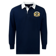 The EMB Mudoo Old Man Rivah Rugby Classic Long Sleeve Solid Rugby Jersey in navy blue features a white collar, long sleeves, and a lion-and-shield crest on the left chest—combining comfort with timeless rugby style.
