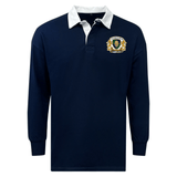 The EMB Mudoo Old Man Rivah Rugby Classic Long Sleeve Solid Rugby Jersey in navy blue features a white collar, long sleeves, and a lion-and-shield crest on the left chest—combining comfort with timeless rugby style.