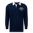 The EMB Mudoo Kingwood Rugby Classic Long Sleeve Solid Rugby Jersey in navy features a white collar and a multicolored embroidered crest on the left chest, providing timeless style and comfort.
