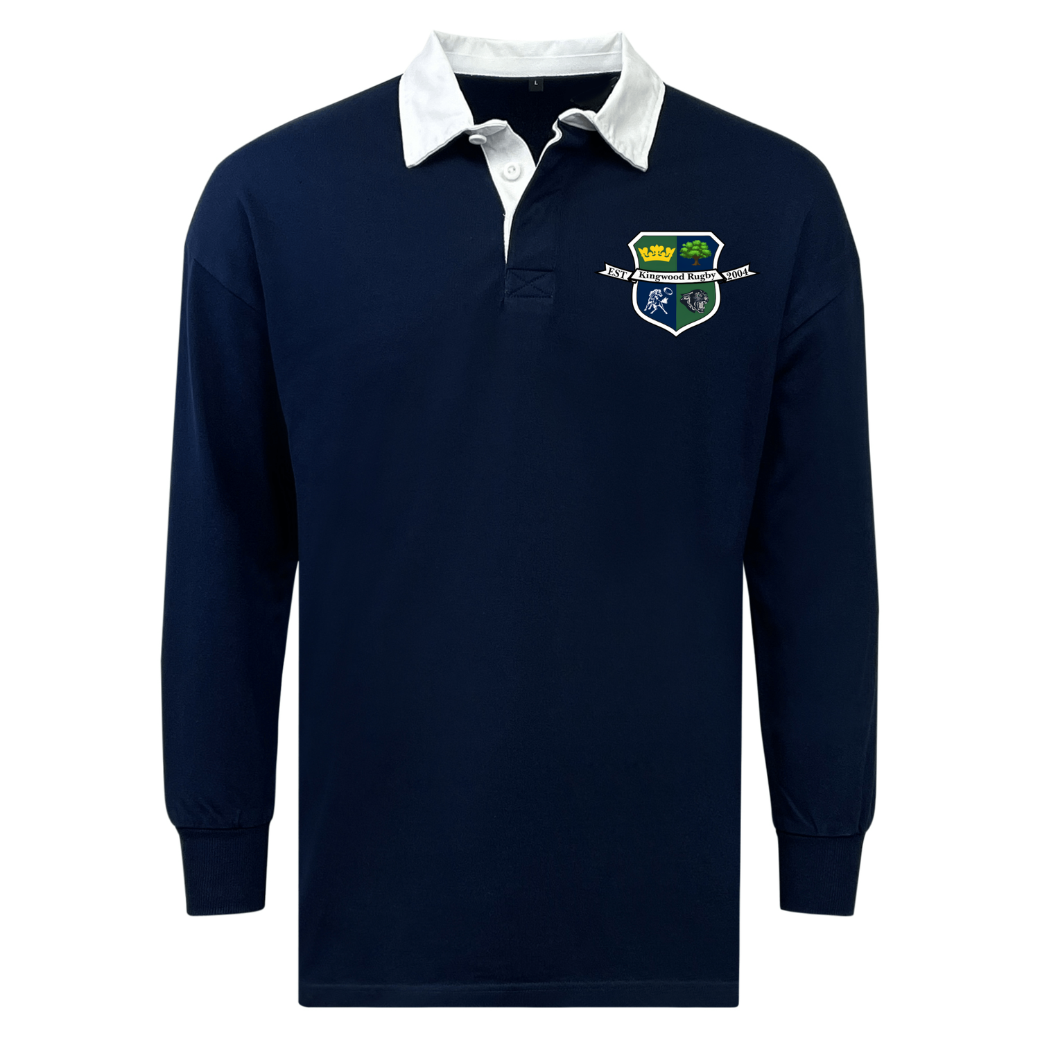 The EMB Mudoo Kingwood Rugby Classic Long Sleeve Solid Rugby Jersey in navy features a white collar and a multicolored embroidered crest on the left chest, providing timeless style and comfort.