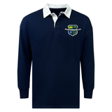 The EMB Mudoo Kingwood Rugby Classic Long Sleeve Solid Rugby Jersey in navy features a white collar and a multicolored embroidered crest on the left chest, providing timeless style and comfort.