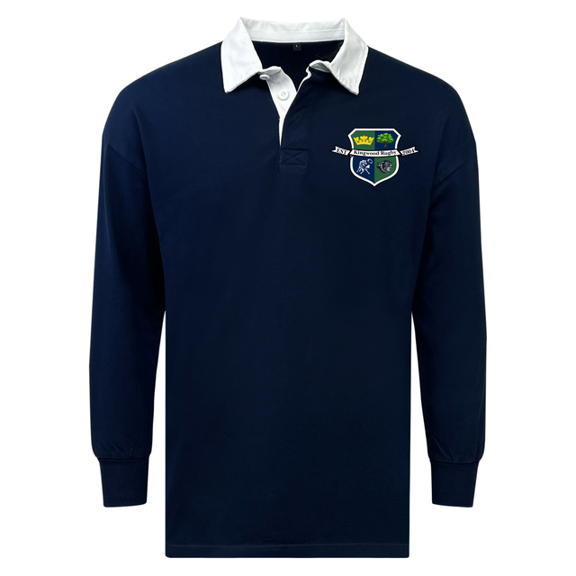 The EMB Mudoo Kingwood Rugby Classic Long Sleeve Solid Rugby Jersey in navy features a white collar and a multicolored embroidered crest on the left chest, providing timeless style and comfort.