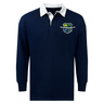 The EMB Mudoo Kingwood Rugby Classic Long Sleeve Solid Rugby Jersey in navy features a white collar and a multicolored embroidered crest on the left chest, providing timeless style and comfort.