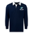 The EMB Mudoo NC Rugby Academy - Megalodons Classic Long Sleeve Solid Rugby Jersey features a navy relaxed fit, white collar, and "Megalodons Rugby Academy" logo on the left chest.