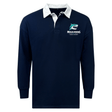 The EMB Mudoo NC Rugby Academy - Megalodons Classic Long Sleeve Solid Rugby Jersey features a navy relaxed fit, white collar, and "Megalodons Rugby Academy" logo on the left chest.
