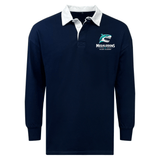 The EMB Mudoo NC Rugby Academy - Megalodons Classic Long Sleeve Solid Rugby Jersey features a navy relaxed fit, white collar, and "Megalodons Rugby Academy" logo on the left chest.