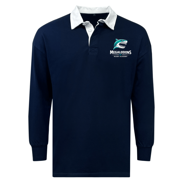 The EMB Mudoo NC Rugby Academy - Megalodons Classic Long Sleeve Solid Rugby Jersey features a navy relaxed fit, white collar, and "Megalodons Rugby Academy" logo on the left chest.