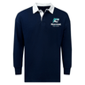 The EMB Mudoo NC Rugby Academy - Megalodons Classic Long Sleeve Solid Rugby Jersey features a navy relaxed fit, white collar, and "Megalodons Rugby Academy" logo on the left chest.