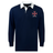 Introducing the EMB Mudoo SF CDME Rugby Classic Long Sleeve Solid Rugby Jersey—a navy blue rugby shirt featuring a white collar and a striking red and white cross emblem on the left chest, with "CDME RUGBY" displayed beneath the logo. Expertly crafted from a durable cotton-poly rugby blend, this jersey offers both comfort and lasting wear.