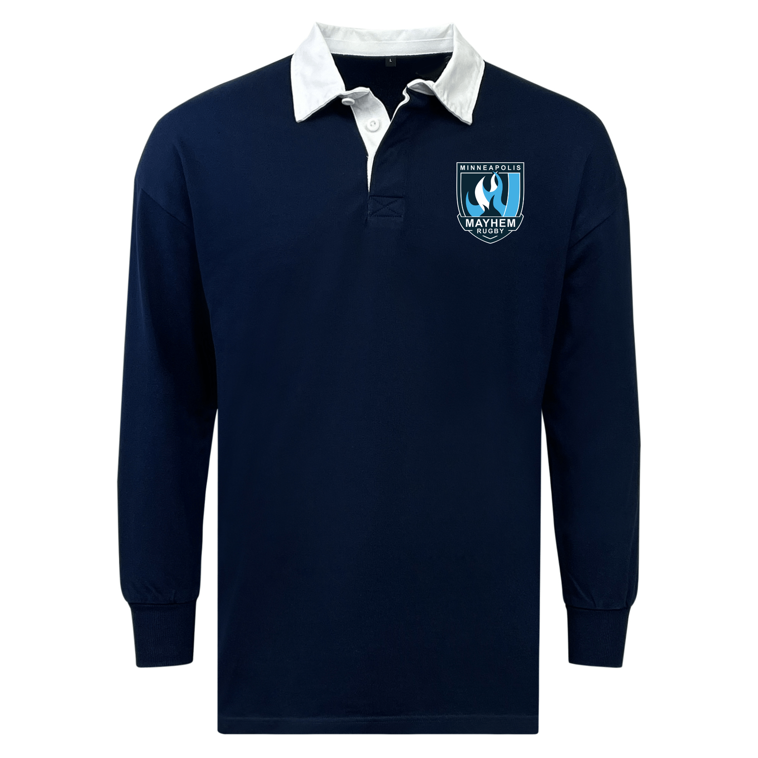 The EMB Mudoo Minneapolis Mayhem Rugby Classic Long Sleeve Solid Rugby Jersey features a navy blue design with a white collar and the team’s “Minneapolis Mayhem” crest on the left chest, offering a relaxed fit ideal for fans and players alike.