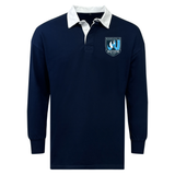 The EMB Mudoo Minneapolis Mayhem Rugby Classic Long Sleeve Solid Rugby Jersey features a navy blue design with a white collar and the team’s “Minneapolis Mayhem” crest on the left chest, offering a relaxed fit ideal for fans and players alike.