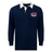 The EMB Mudoo Nebraska Rugby Referee Society Classic Long Sleeve Solid Rugby Jersey features a navy design with white collar, "Nebraska" logo on the chest, and is made from a comfortable, durable cotton-polyester blend.