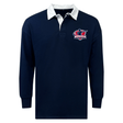 The EMB Mudoo Nebraska Rugby Referee Society Classic Long Sleeve Solid Rugby Jersey features a navy design with white collar, "Nebraska" logo on the chest, and is made from a comfortable, durable cotton-polyester blend.