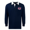 The EMB Mudoo Nebraska Rugby Referee Society Classic Long Sleeve Solid Rugby Jersey features a navy design with white collar, "Nebraska" logo on the chest, and is made from a comfortable, durable cotton-polyester blend.