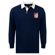 The EMB Mudoo Montgomery Bucks Griffins Classic Long Sleeve Solid Rugby Jersey is a navy blue rugby shirt with a white collar and a red and white lion crest on the left chest.