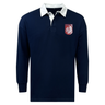 The EMB Mudoo Montgomery Bucks Griffins Classic Long Sleeve Solid Rugby Jersey is a navy blue rugby shirt with a white collar and a red and white lion crest on the left chest.