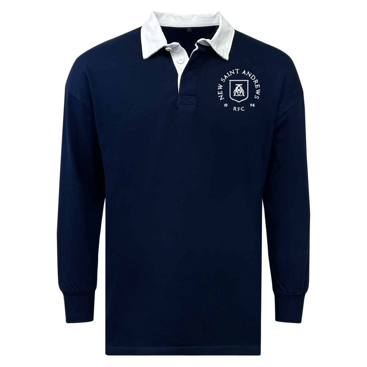 The EMB Mudoo New Saint Andrews College Classic Long Sleeve Solid Rugby Jersey features a navy blue design with a white collar and a crest on the left chest that reads “New Saint Andrews RFC ’94.” This timeless rugby shirt offers a relaxed fit for comfortable, all-day wear and enduring style.