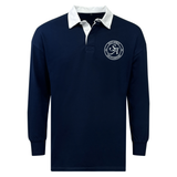 The EMB Mudoo Saint Anselm College Club Rugby Classic Long Sleeve Solid Rugby Jersey features a navy design, white collar, button placket, relaxed fit, and a circular "A" logo on the left chest for classic style and comfort.