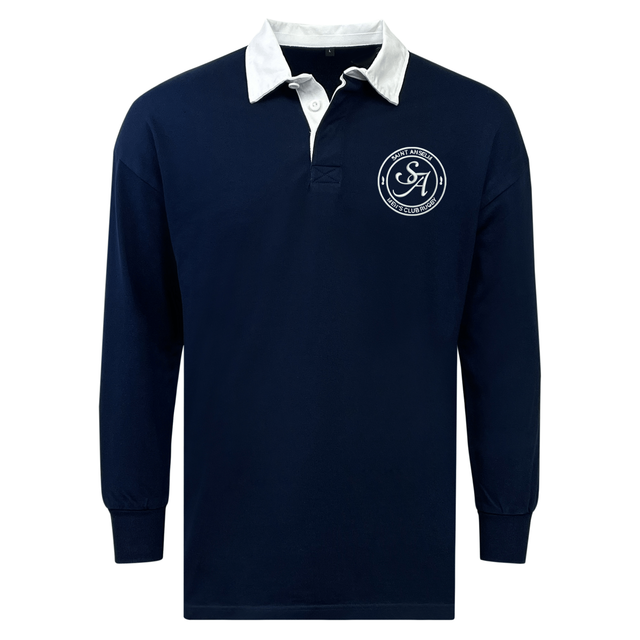 The EMB Mudoo Saint Anselm College Club Rugby Classic Long Sleeve Solid Rugby Jersey features a navy design, white collar, button placket, relaxed fit, and a circular "A" logo on the left chest for classic style and comfort.