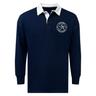 The EMB Mudoo Saint Anselm College Club Rugby Classic Long Sleeve Solid Rugby Jersey features a navy design, white collar, button placket, relaxed fit, and a circular "A" logo on the left chest for classic style and comfort.