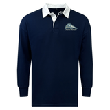 EMB Mudoo University of New Hampshire Classic Long Sleeve Solid Rugby Jersey in navy blue with a white collar and a “Men’s Rugby” mascot logo on the chest.