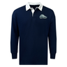 EMB Mudoo University of New Hampshire Classic Long Sleeve Solid Rugby Jersey in navy blue with a white collar and a “Men’s Rugby” mascot logo on the chest.