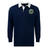 EMB Mudoo Media Unified Rugby Classic Long Sleeve Solid Rugby Jersey in navy blue with a white collar and a circular chest logo featuring a wolf howling at a moon.