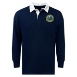 EMB Mudoo Media Unified Rugby Classic Long Sleeve Solid Rugby Jersey in navy blue with a white collar and a circular chest logo featuring a wolf howling at a moon.