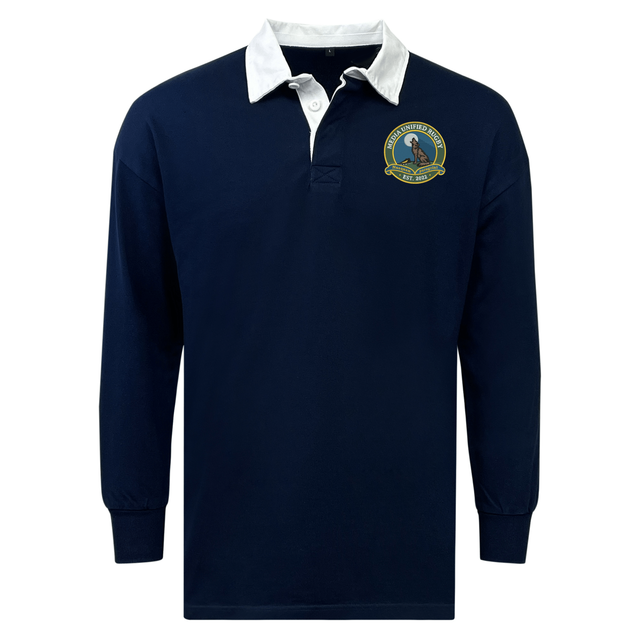 EMB Mudoo Media Unified Rugby Classic Long Sleeve Solid Rugby Jersey in navy blue with a white collar and a circular chest logo featuring a wolf howling at a moon.