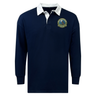 EMB Mudoo Media Unified Rugby Classic Long Sleeve Solid Rugby Jersey in navy blue with a white collar and a circular chest logo featuring a wolf howling at a moon.