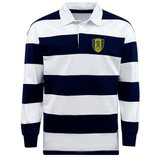 Introducing the Gotham Knights Classic Long Sleeve Hooped Rugby Jersey by EMB Mudoo, featuring navy and white horizontal stripes with a yellow shield emblem on the left chest—ideal for leisurewear.