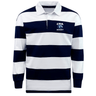 The Christian Brothers Academy Rugby Classic Long Sleeve Hooped Jersey by EMB Mudoo features wide horizontal navy and white stripes, a collar, and the "CBA Rugby" logo on the chest, capturing vintage athletic style.