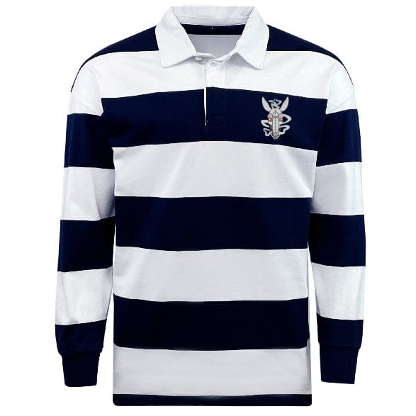 Presenting the Mendocino Rugby Classic Long Sleeve Hooped Rugby Jersey by EMB Mudoo, showcasing a timeless design with navy and white horizontal stripes and an embroidered logo on the chest.