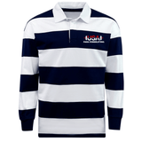 The EMB Mudoo USA Para Powerlifting Classic Long Sleeve Hooped Rugby Jersey features wide navy and white hoops and displays the "USA Para Powerlifting" logo on the left chest.