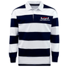 The EMB Mudoo USA Para Powerlifting Classic Long Sleeve Hooped Rugby Jersey features wide navy and white hoops and displays the "USA Para Powerlifting" logo on the left chest.
