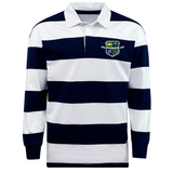 The EMB Mudoo Kingwood Rugby Classic Long Sleeve Hooped Rugby Jersey features classic navy and white hoops, long sleeves, and a vintage-style chest crest.