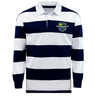 The EMB Mudoo Kingwood Rugby Classic Long Sleeve Hooped Rugby Jersey features classic navy and white hoops, long sleeves, and a vintage-style chest crest.