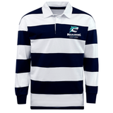 The EMB Mudoo NC Rugby Academy - Megalodons Classic Long Sleeve Hooped Rugby Jersey features bold navy and white stripes and a "Megalodons Rugby Academy" logo on the left chest, giving it a timeless vintage rugby style.